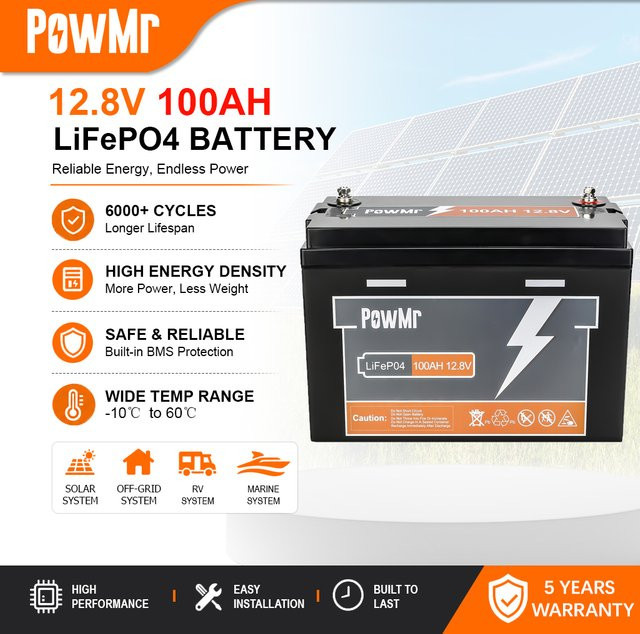 PowMr Lithium-Eisenphosphat Batterie 12,8V 100Ah in Schwarz mit BMS und Niedertemperaturheizung für Solaranlagen, Boote und mobile Stromversorgung - Bild 1