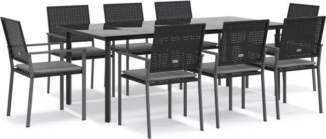 vidaXL 9-teilige Garten-Essgruppe aus Polyrattan und Stahl mit Kissen in Schwarz und Grau - Bild 1