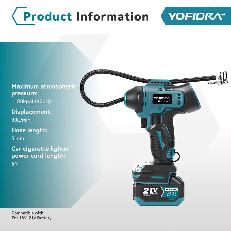 YOFIDRA Aufblasbare Elektrische Luftpumpe mit Digitalanzeige und Automatikfunktion für Makita 18-21V Akku - Bild 2
