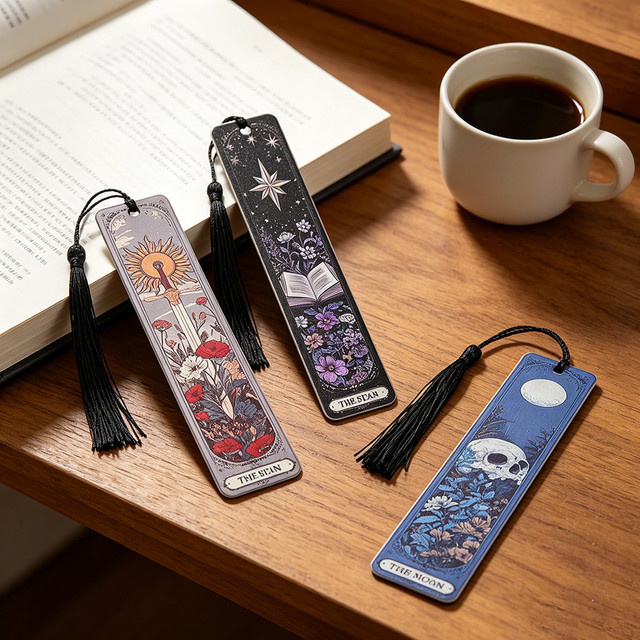 Tarot Sonne Mond Stern Metall-Lesezeichen-Set aus Edelstahl in Schwarz mit Quaste für Bücherliebhaber - Bild 1