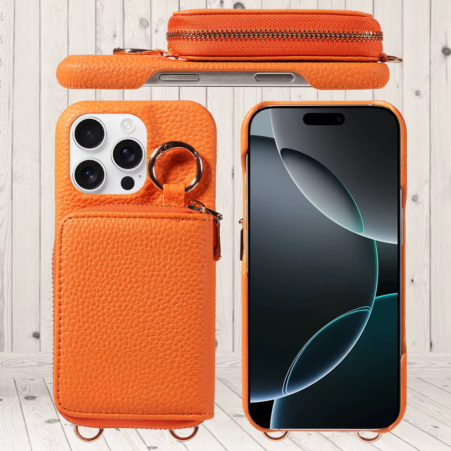 Kunstleder Umhängetasche als Handyhülle für iPhone 16e 16 15 14 13 12 11 Pro Max mit Kartenfach und Anti-Entmagnetisierung in Gold und Orange - Bild 4