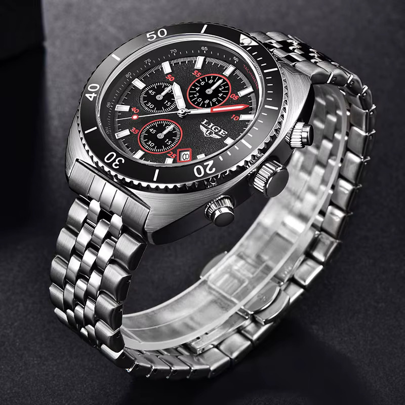 LIGE Armbanduhr Edelstahl, Quarz, Schwarz, Silber, Herren - Bild 2