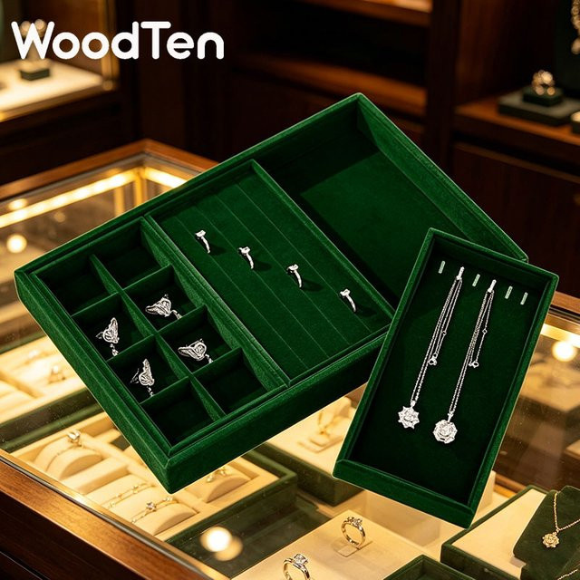 WoodTen Schmuck-Präsentationstablett aus Samt in Grün zur Aufbewahrung von Ringen, Ohrringen und Halsketten - Bild 1
