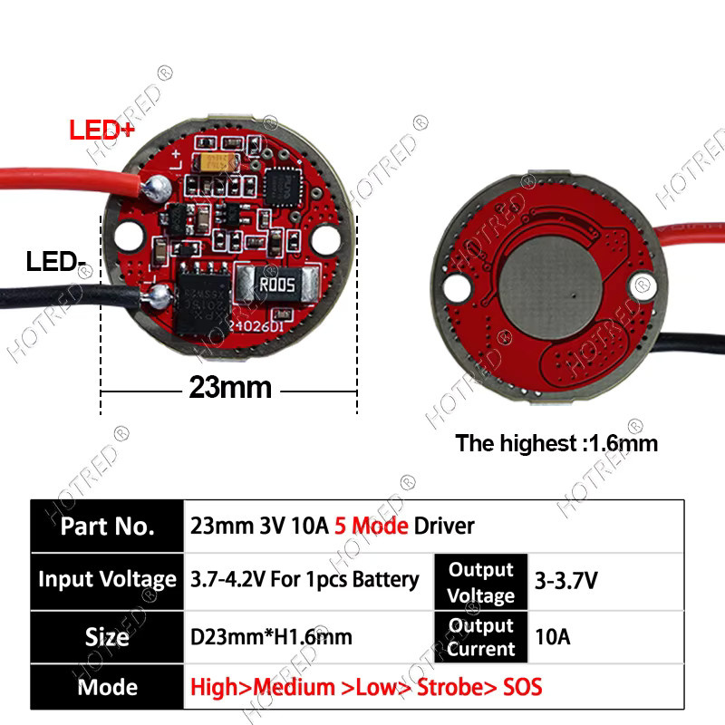 HotRed LED-Tauchtaschenlampe Treiberplatine mit Konstantstrom für XHP70 und XHP90 Dioden, 3–4,2 V, 10 A, Durchmesser: 23 mm - Bild 3
