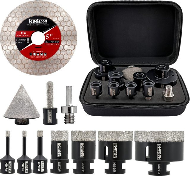 DT-DIATOOL Diamantbohrer-Set mit M14-Gewinde in Silber, 10 Stück Lochsägen mit 6/6/8/25/35/50/68 mm, 10 mm Fingerfräser, 2 Zoll Fasenfräser, Sechskant-Gewindeadapter und 125 mm doppelseitige Diamantscheibe - Bild 1
