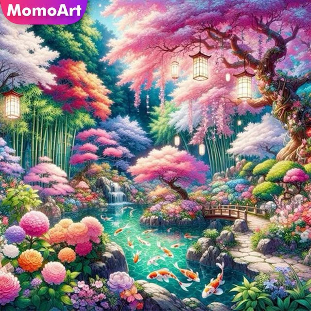 Momoart Diamant-Mosaik Set mit See-Landschaft und Garten-Motiv, DIY-Stickerei als Kreuzstich-Set in Multicolour, rund oder quadratisch - Bild 1