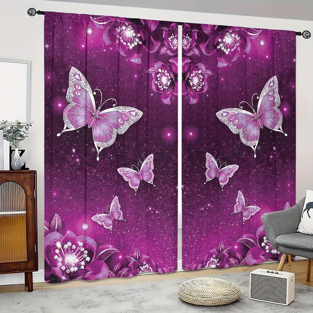 2er-Set Yiran Furniture Vorhänge mit Schmetterling und Blumenprint in Lila und Blau, halbtransparent, B: 100 cm, H: 230 cm - Bild 1