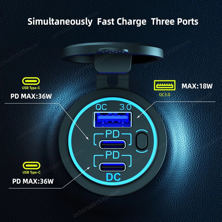 Wasserdichte 12V USB-Steckdose mit Dual PD3.0 und Quick Charge 3.0 in Schwarz für Wohnmobil, Marine, LKW und Motorrad, 78 W - Bild 2