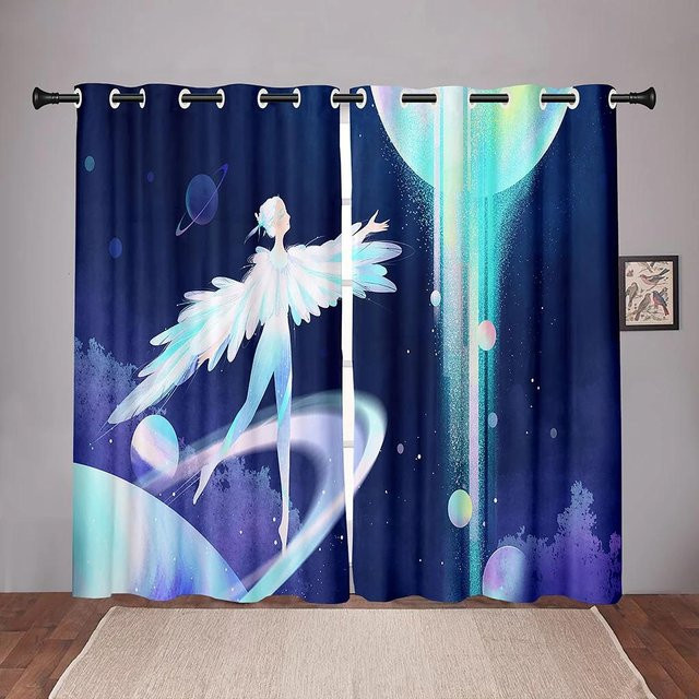 Yiran Furniture Verdunkelungsvorhänge für Kinder mit Engel-Mädchen-Flügel-Motiv, Blau, B: 55 cm, H: 120 cm, 2er-Set - Bild 1