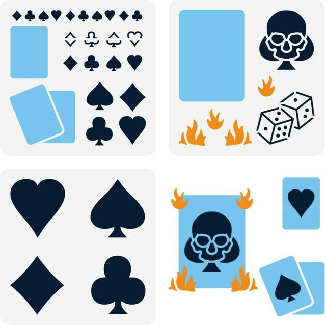 3er Set Spielkarten-Schablonen aus Kunststoff mit Herz, Spaten, Kreuz und Karo Mustern, B/B/B: 15 x 15 x 15 cm - Bild 1