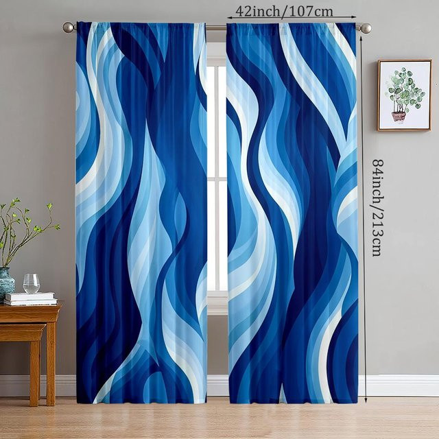 2er-Set Yiran Furniture Vorhänge aus Polyester in Himmelblau, halbtransparent mit Wellenmuster und Stangentaschen, B: 35 cm, H: 100 cm - Bild 1