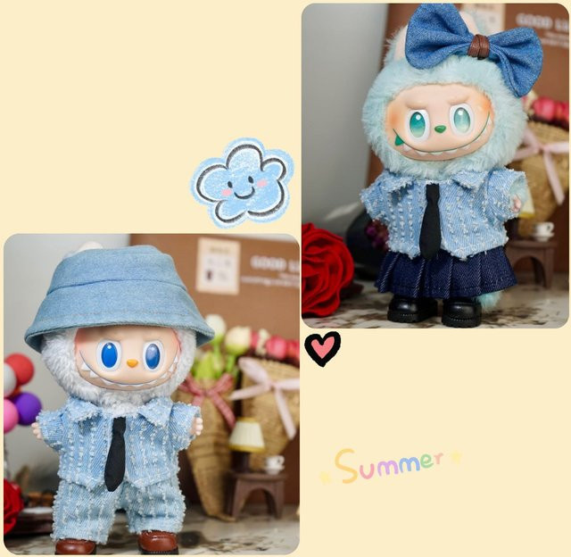 Adoowoo Kleidung Set für Labubu Puppen mit Hut und Schuhen, Blau, Zubehör für 17 cm Puppen - Bild 1