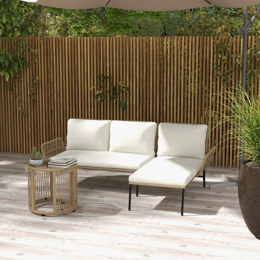 Outsunny Polyrattan Gartenmöbel Set in Natur und Cremeweiß mit L-Form Sitzgruppe, Sonnenliege, Zweisitzersofa, Couchtisch und abnehmbaren Kissen - Bild 2