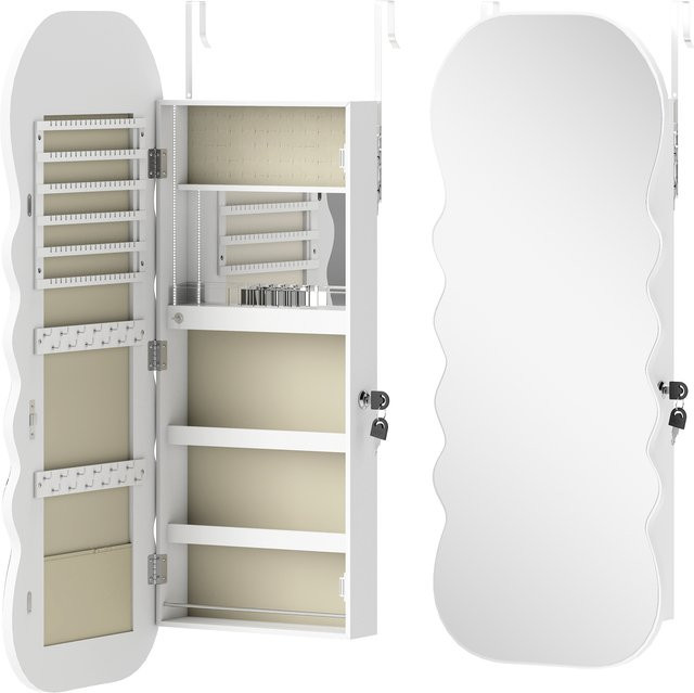 HOMCOM Schmuckschrank mit LED-Licht in 3 Farben und Ganzkörperspiegel, weißer Schmuckspiegel mit Schloss und wellenförmigem Design zur Wand- oder Türmontage - Bild 1