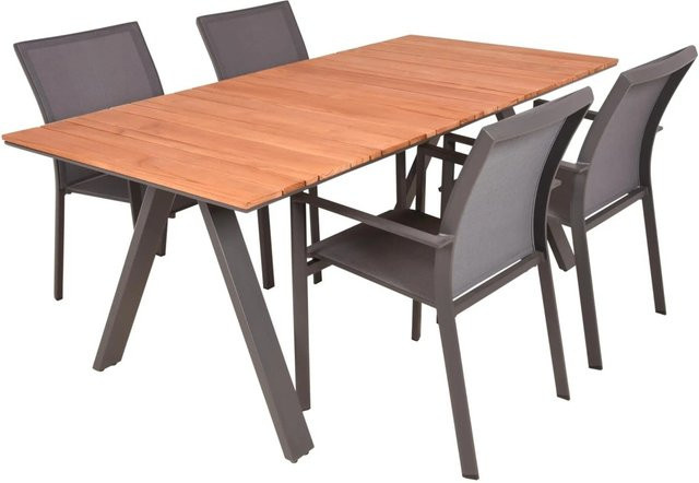 DELUKE Garten-Sitzgruppe GESA 5-tlg. aus Teakholz in Grau, Gartenmöbel-Set mit Esstisch und Stapelstühlen - Bild 1