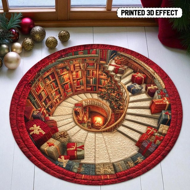 Runder 3D-Weihnachtsteppich mit Buchbibliothek-Design, festliche Bodenmatte in Multicolour mit Geschenken und Weihnachtsbaum - Bild 1