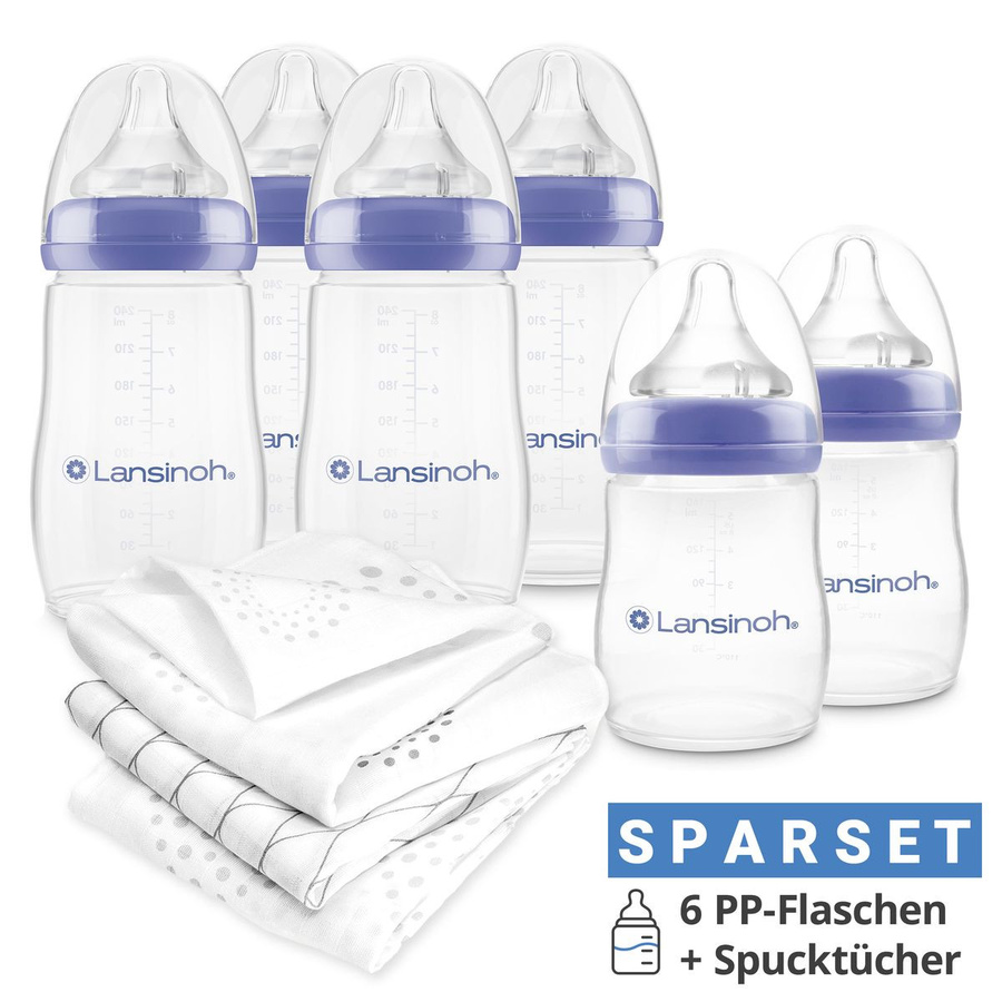 Lansinoh 9-tlg. PP-Flaschen-Set mit NaturalWave Trinksauger Gr. S & M und 3 Spucktüchern, Transparent/Lila, mit Anti-Colic-Ventil und Flaschen mit breitem Flaschenhals - Bild 1