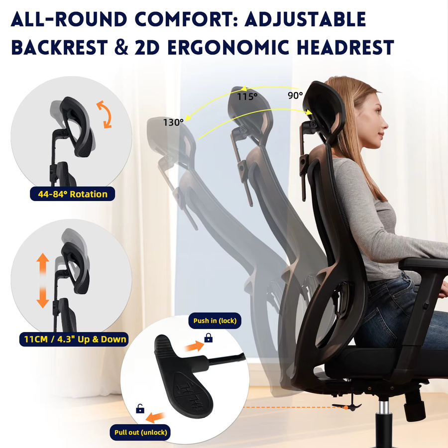 Ergonomischer Bürostuhl Durrafy in Schwarz mit Netzrücken, verstellbarer Kopfstütze und Lendenwirbelstütze für dein Home-Office - Bild 4