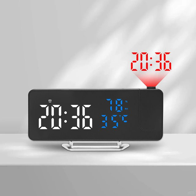 NieNie Rotierender Digitaler Projektions-Wecker mit Temperatur, Luftfeuchtigkeit und Datum, LED-Tischuhr mit Nachtmodus und Schlummerfunktion, USB-betrieben, Blau oder Schwarz - Bild 1