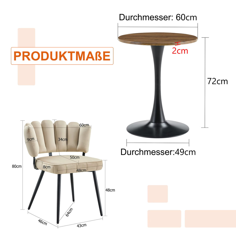 Svintora 3-teiliges Esstisch-Set mit rundem Tisch und 2 gepolsterten Stühlen in Beige - Bild 2