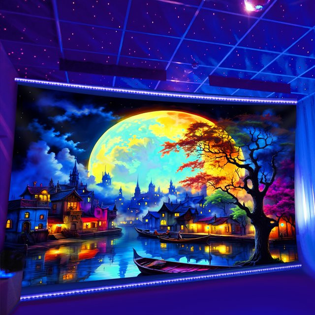 VIKAMA Dreamy Moonlight Wandteppich Rund mit Stadtlandschaft und Vollmond, Mehrfarbig, B/H: 60 x 40 cm - Bild 1