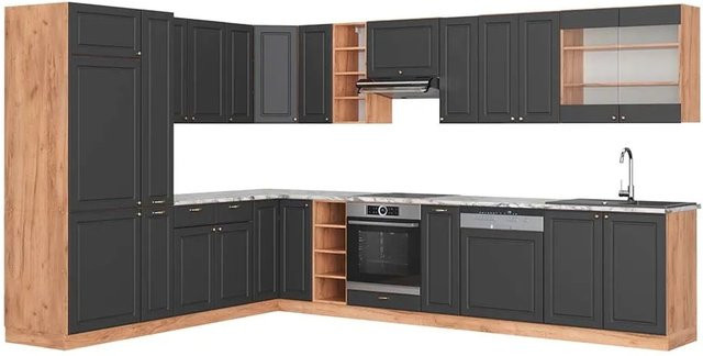 Vicco Fame-Line Küchenschränke Landhausstil in Anthrazit und Eiche mit Marmor-Optik, B/H/T: 347 x 257 x 66 cm - Bild 1