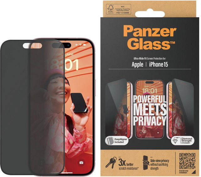 PanzerGlass Privacy Screen Protector für iPhone 15 in Schwarz mit EasyAligner Ultra-Wide Fit - Bild 1
