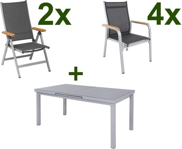 Kettler Granada Garten-Essgruppe aus Aluminium und Textilene in Silber mit ausziehbarem Tisch und 6 Stühlen - Bild 1