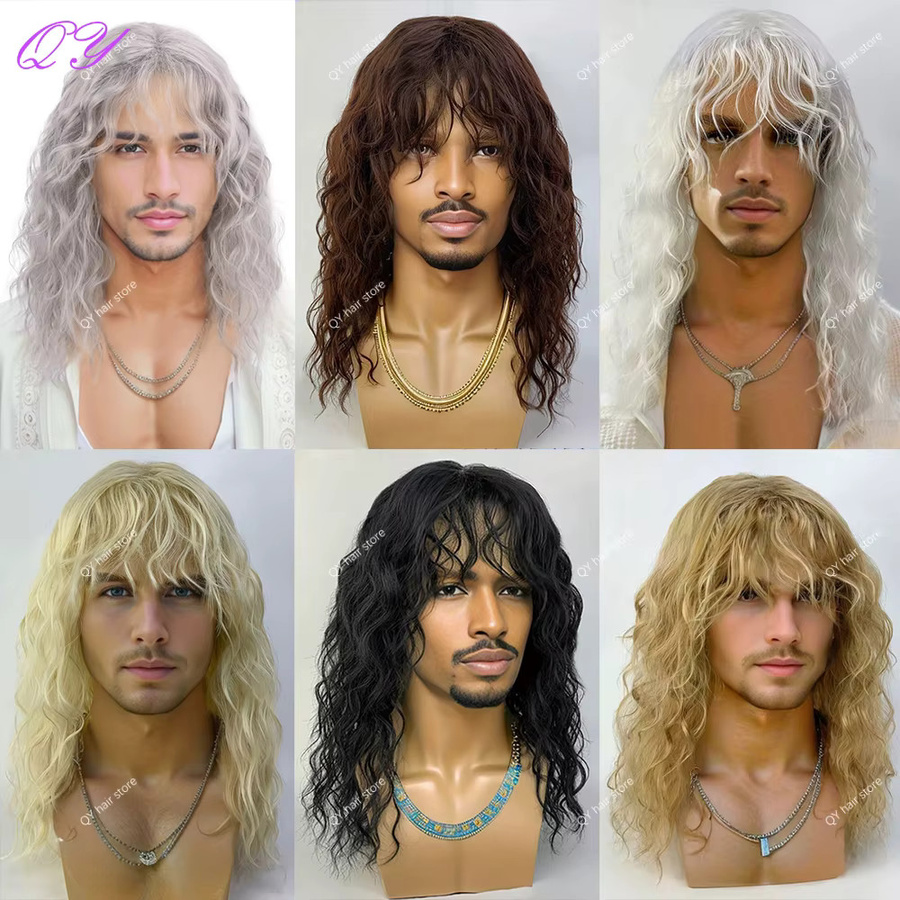 IQRYR WIG Herrenperücke, synthetisch, dunkelbraun, lockig mit Pony - Bild 1