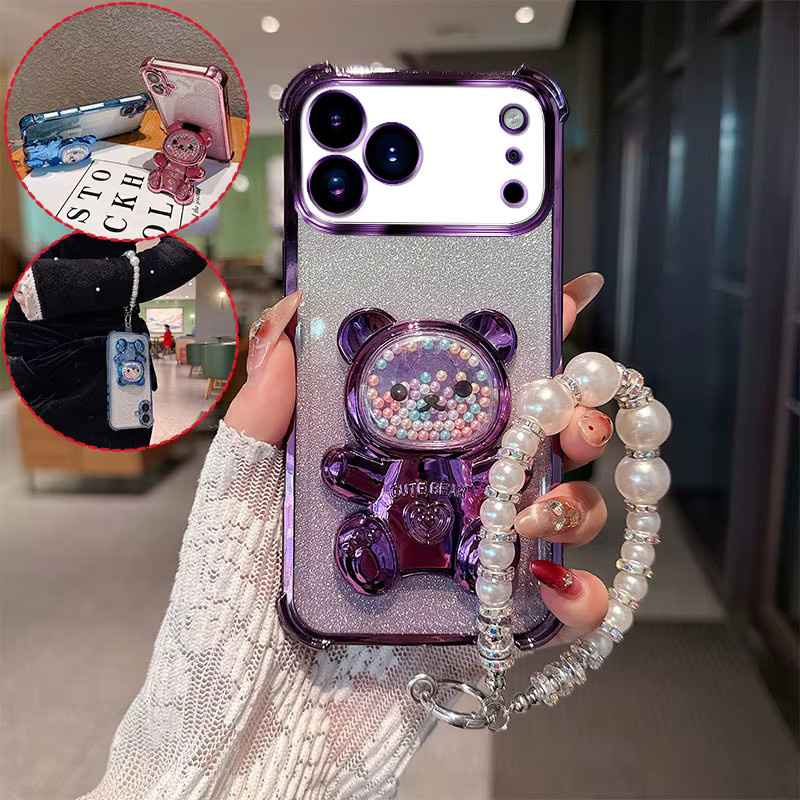 LIEI Handyhülle mit Bären-Cartoon-Design, stoßfeste Glitzer-Schutzhülle mit Perlen-Lanyard-Riemen für iPhone 17 16 15 14 13 12 Pro Max Mini, Farbe: Schwarz - Bild 4