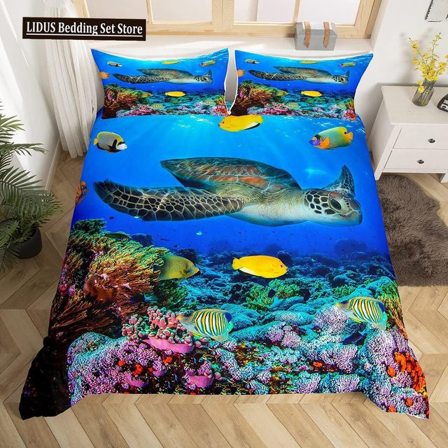 Bettwäscheset Meeresschildkröte und Schmetterling in Aquarell-Optik von Your Warm Home, Blau, B/H: 140 x 210 cm - Bild 1