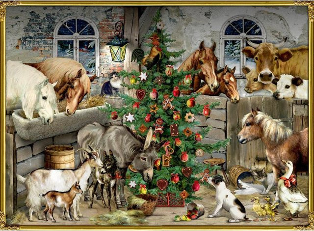 Nostalgische Weihnachten bei den Tieren im Stall, Wandkalender - Bild 1