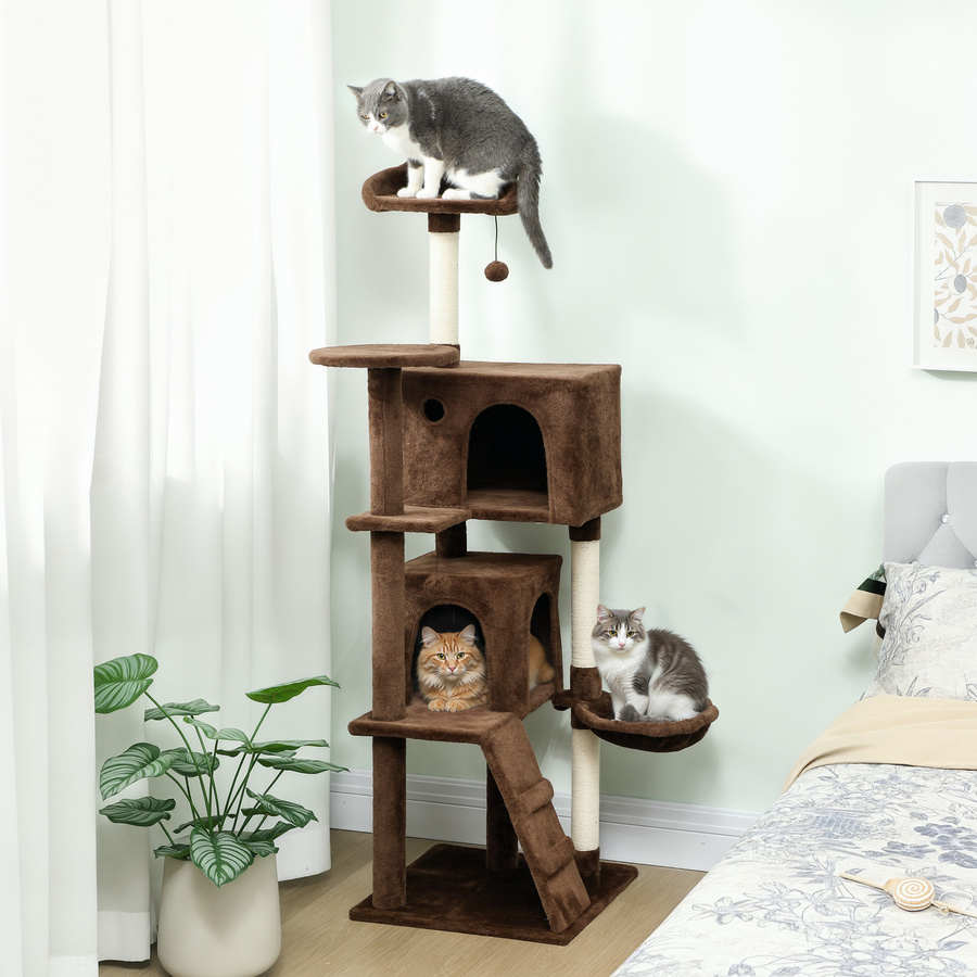 PawHut Kratzbaum für Katzen in Braun mit 2 Höhlen, Hängematte, Leiter und Spielbällen, Höhe: 160 cm - Bild 2