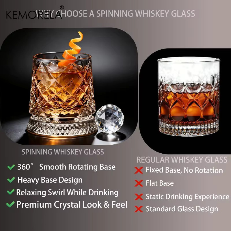 KEMORELA Rotierendes Whiskyglas aus Kristall, 360 Grad drehbarer Tumbler in Transparent, 10,5 cm - Bild 2