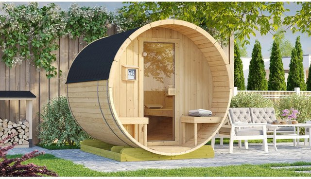 Weka Fasssauna Sparset in Naturfarben aus europäischer Fichte mit 9,0 kW Heizung, B/T/H: 210,5 x 255,5 cm - Bild 1