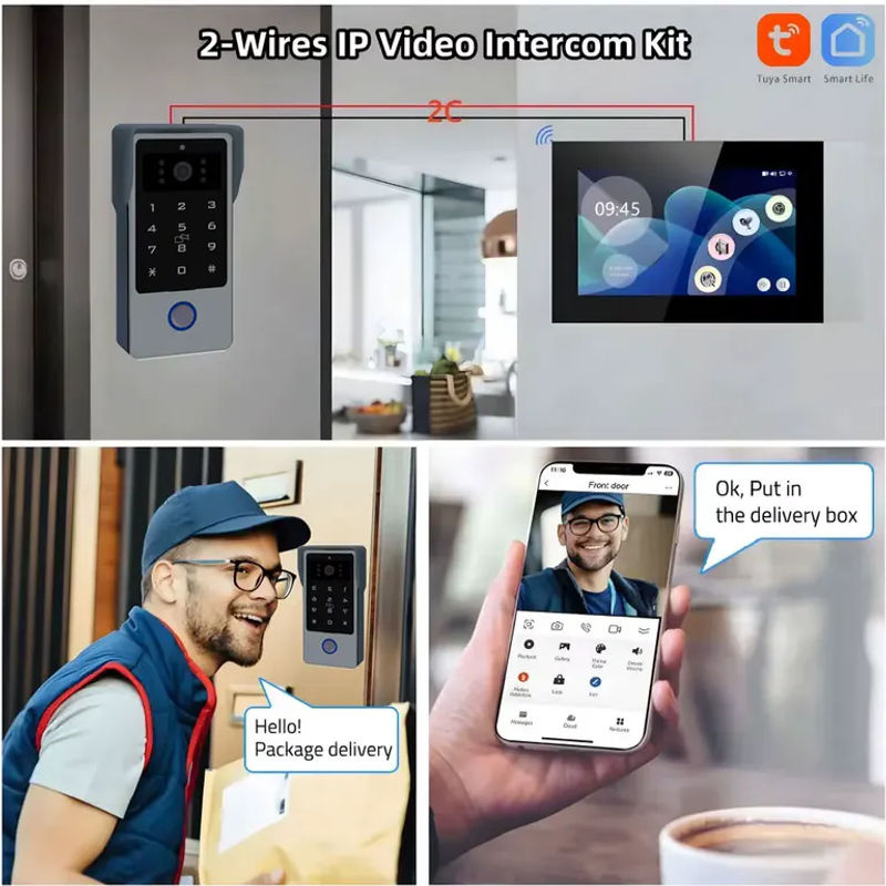 AJXML 2-Draht-Video-Gegensprechanlage mit 7-Zoll-Touchscreen, 1080P WLAN, Tuya-App-Steuerung und IC-Kartenfunktion in Schwarz - Bild 2
