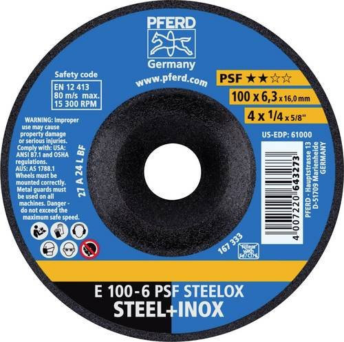 PFERD PSF STEELOX Schruppscheibe für Stahl und Edelstahl, Durchmesser: 100 mm, Bohrungs-Ø: 16 mm, 10 Stück - Bild 1