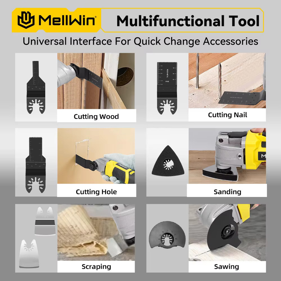 MELLWIN Bürstenloses oszillierendes Multifunktionswerkzeug mit 25000 OPM und 6+3 Geschwindigkeitsstufen, gelb, kompatibel mit Makita LXT 18V Akku - Bild 5