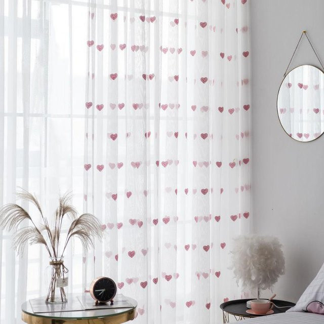 Tiyana Tüll-Vorhang mit Herz-Stickerei im Prinzessinnen-Stil, Weiß und Pink, transparent, B: 100 cm, H: 180 cm - Bild 1