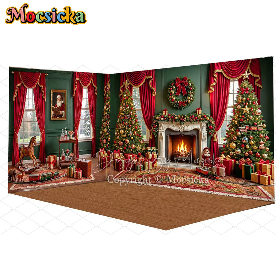 Mocsicka Vintage Weihnachts-Fotohintergrund in Rot und Grün mit Kamin, Weihnachtsbaum und Geschenken - Bild 3