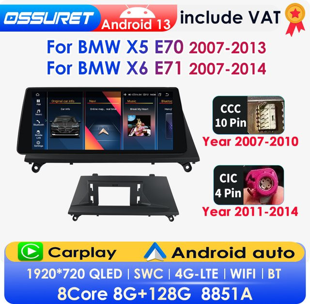 OSSURET 2-DIN Android 13 Autoradio mit 10,25 Zoll Display für BMW X5 E70 (2007-2013) und BMW X6 E71 (2007-2014), Schwarz, Multimedia-Player mit GPS, Wireless Carplay, Android Auto, 4G, Bluetooth und 360-Grad-Kamera Unterstützung - Bild 1