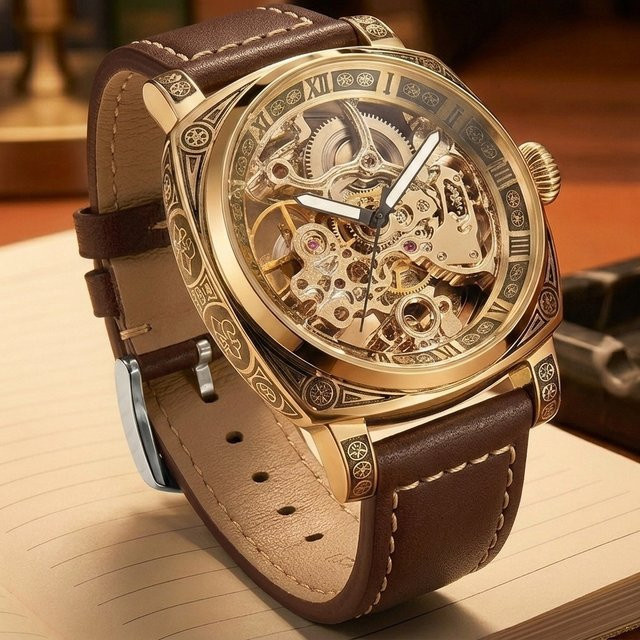 KIMSDUN Armbanduhr Automatik, Gold, Bicolor, Leder, Herren - Bild 1