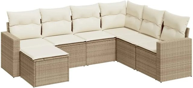 vidaXL 7-teilige Garten-Sofagarnitur in L-Form aus Poly-Rattan und pulverbeschichtetem Stahl mit Kissen in Beige und Cremeweiß - Bild 1