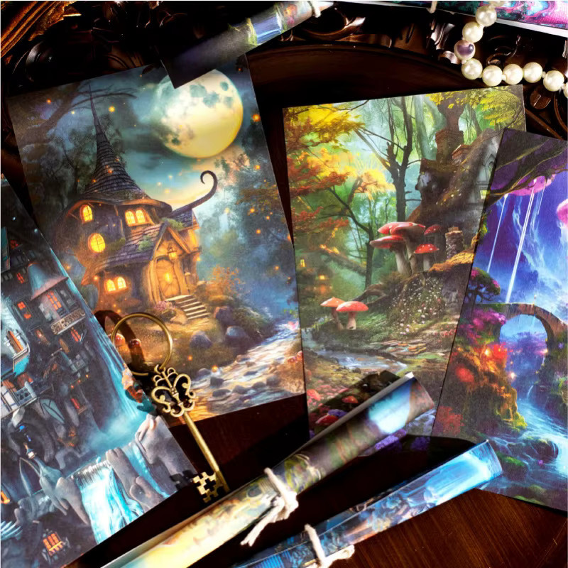 30 Blatt Retro Fantasy Waldschloss Bastelpapier mit magischen Landschaften in Multicolour für dein Tagebuch, Scrapbook und DIY-Projekte - Bild 3