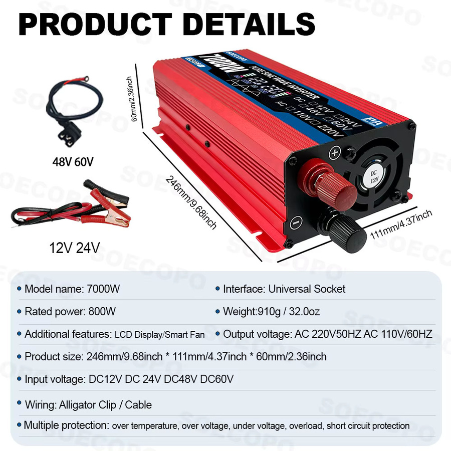 Soecopo Sinuswellen-Wechselrichter 7000 W, 12V/24V/48V/60V auf 110V/220V AC, Solarladegerät für Wohnmobil und netzunabhängige Nutzung, Farbe: Rot - Bild 2