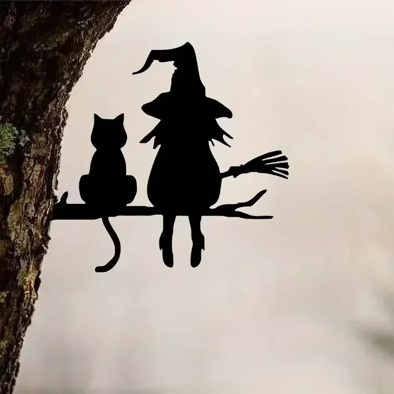 Solarbetriebener Gartenstecker von CIFBUY mit Hexen- und Katzen-Silhouette aus Metall in Rot und Schwarz inklusive LED-Leuchten - Bild 3
