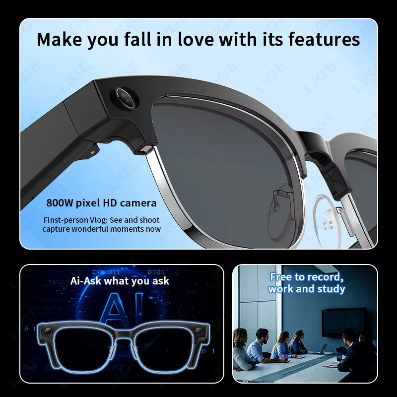 LIGE Smart Sonnenbrille für Männer mit 4K HD Kamera, AI Übersetzer, Bluetooth für Anrufe und Musik, wasserdicht, Schwarz - Bild 2