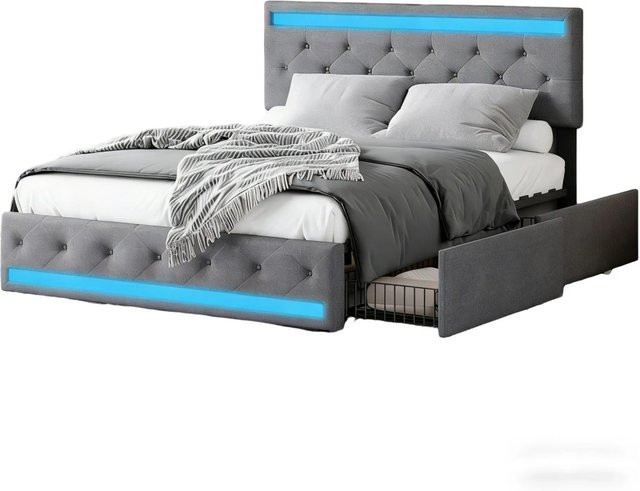 PXloue Polsterbett mit LED-Beleuchtung, USB-Ladefunktion und 4 Schubladen in Grau, B/T/H: 162 x 200 x 108 cm - Bild 1