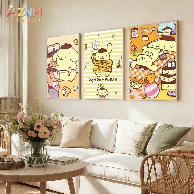 AZNM PomPomPurin Sanrio Leinwand-Wandkunst mit niedlichem Cartoon-Hund und Bäckerei-Motiv, ungerahmtes Leinwandgemälde - Bild 1