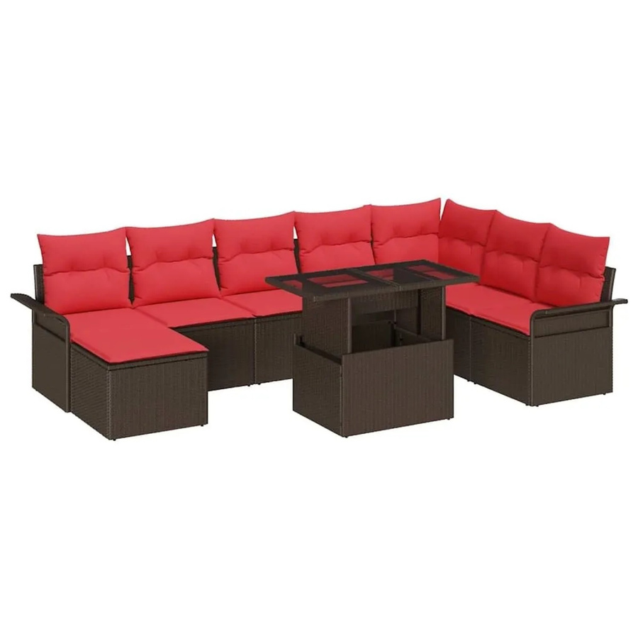 vidaXL Gartensofa-Set aus Poly-Rattan in L-Form mit 9 Teilen und Kissen, Braun/Rot - Bild 2